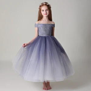 Chic Belle Violet Robe Ceremonie Fille 2019 Robe Boule De L 039 Épaule Manches Courtes Glitter Polyester Longueur Cheville Volants Dos Nu Robe Pour Mariage