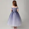 Chic / Beautiful Purple Flower Girl Dresses 2019 Ball Gown Off-The-Shoulder Short Sleeve Glitter Polyester Ankle Length Ruffle Backless Wedding Party Dresses
