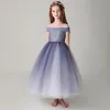 Chic / Beautiful Purple Flower Girl Dresses 2019 Ball Gown Off-The-Shoulder Short Sleeve Glitter Polyester Ankle Length Ruffle Backless Wedding Party Dresses