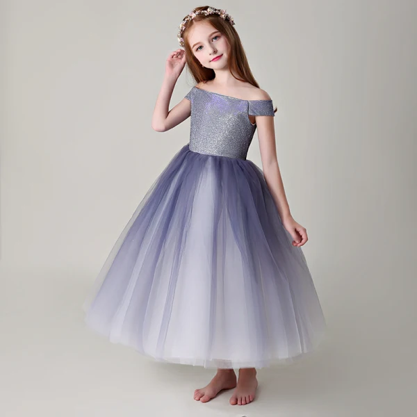 Chic / Beautiful Purple Flower Girl Dresses 2019 Ball Gown Off-The-Shoulder Short Sleeve Glitter Polyester Ankle Length Ruffle Backless Wedding Party Dresses