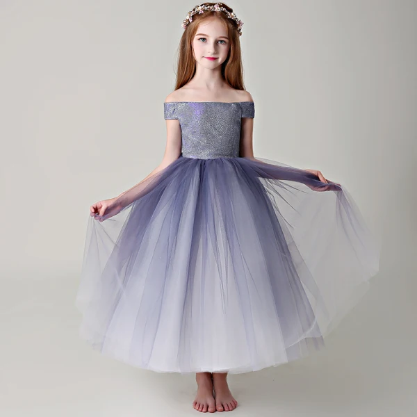 Chic / Beautiful Purple Flower Girl Dresses 2019 Ball Gown Off-The-Shoulder Short Sleeve Glitter Polyester Ankle Length Ruffle Backless Wedding Party Dresses