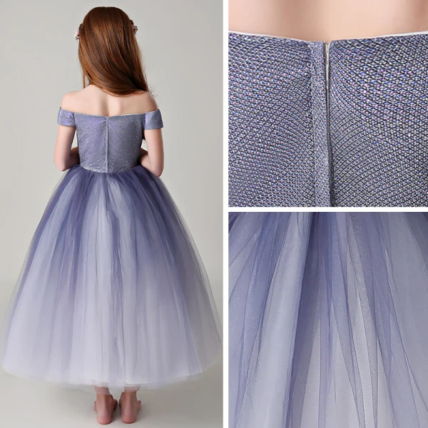 Chic / Beautiful Purple Flower Girl Dresses 2019 Ball Gown Off-The-Shoulder Short Sleeve Glitter Polyester Ankle Length Ruffle Backless Wedding Party Dresses