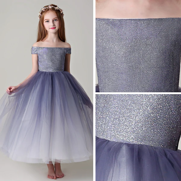 Chic / Beautiful Purple Flower Girl Dresses 2019 Ball Gown Off-The-Shoulder Short Sleeve Glitter Polyester Ankle Length Ruffle Backless Wedding Party Dresses