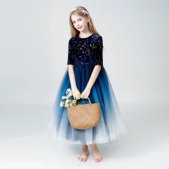 Ciel Étoilé Bleu Marine Robe Ceremonie Fille 2019 Princesse Encolure Dégagée 1 2 Manches Glitter Paillettes Longueur Cheville Volants Robe Pour Mariage