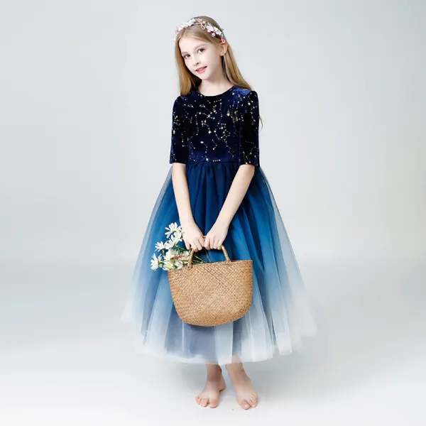 Starry Sky Navy Blue Flower Girl Dresses 2019 A-Line / Princess Scoop Neck 1/2 Sleeves Glitter Sequins Ankle Length Ruffle Wedding Party Dresses