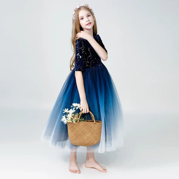 Ciel étoilé Bleu Marine Robe Ceremonie Fille 2019 Princesse Encolure Dégagée 1/2 Manches Glitter Paillettes Longueur Cheville Volants Robe Pour Mariage