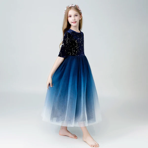 Ciel étoilé Bleu Marine Robe Ceremonie Fille 2019 Princesse Encolure Dégagée 1/2 Manches Glitter Paillettes Longueur Cheville Volants Robe Pour Mariage