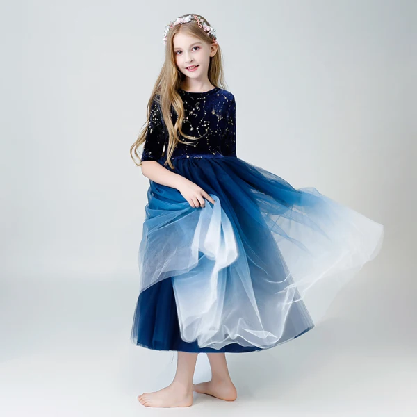 Ciel étoilé Bleu Marine Robe Ceremonie Fille 2019 Princesse Encolure Dégagée 1/2 Manches Glitter Paillettes Longueur Cheville Volants Robe Pour Mariage