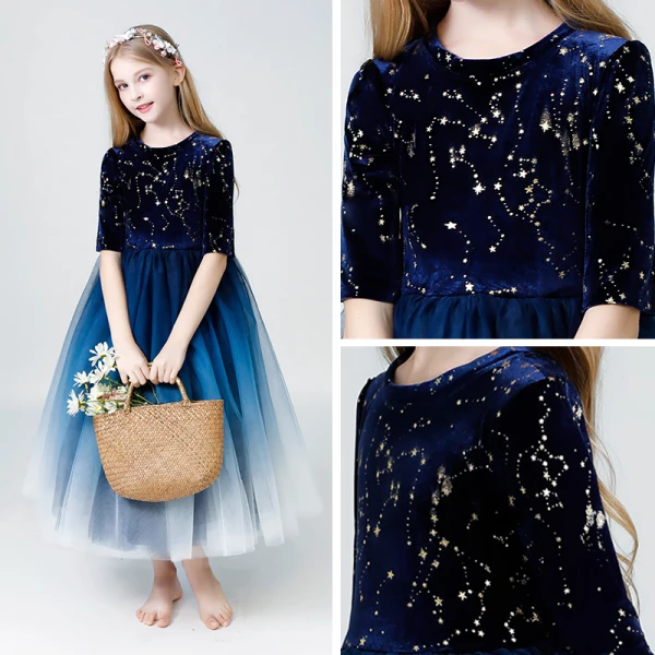 Ciel étoilé Bleu Marine Robe Ceremonie Fille 2019 Princesse Encolure Dégagée 1/2 Manches Glitter Paillettes Longueur Cheville Volants Robe Pour Mariage
