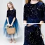 Ciel étoilé Bleu Marine Robe Ceremonie Fille 2019 Princesse Encolure Dégagée 1/2 Manches Glitter Paillettes Longueur Cheville Volants Robe Pour Mariage