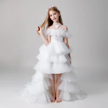 Chic Ivoire Transparentes Robe Ceremonie Fille 2019 Princesse Col Haut Manches Courtes Papillon Appliques En Dentelle Faux Diamant Perlage Asymétrique Volants En Cascade Robe Pour Mariage