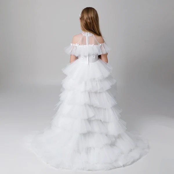 Classy Ivory See-through Flower Girl Dresses 2019 A-Line / Princess High Neck Short Sleeve Butterfly Appliques Lace Rhinestone Beading Asymmetrical Cascading Ruffles Wedding Party Dresses