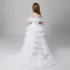 Classy Ivory See-through Flower Girl Dresses 2019 A-Line / Princess High Neck Short Sleeve Butterfly Appliques Lace Rhinestone Beading Asymmetrical Cascading Ruffles Wedding Party Dresses