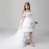 Classy Ivory See-through Flower Girl Dresses 2019 A-Line / Princess High Neck Short Sleeve Butterfly Appliques Lace Rhinestone Beading Asymmetrical Cascading Ruffles Wedding Party Dresses
