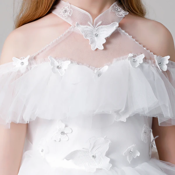 Classy Ivory See-through Flower Girl Dresses 2019 A-Line / Princess High Neck Short Sleeve Butterfly Appliques Lace Rhinestone Beading Asymmetrical Cascading Ruffles Wedding Party Dresses