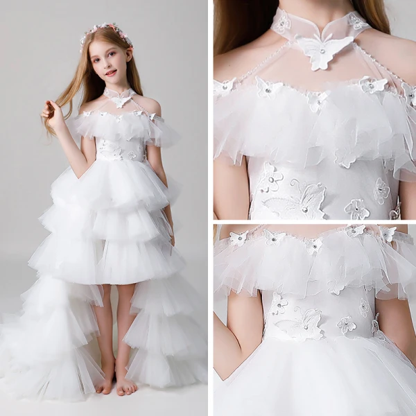 Classy Ivory See-through Flower Girl Dresses 2019 A-Line / Princess High Neck Short Sleeve Butterfly Appliques Lace Rhinestone Beading Asymmetrical Cascading Ruffles Wedding Party Dresses