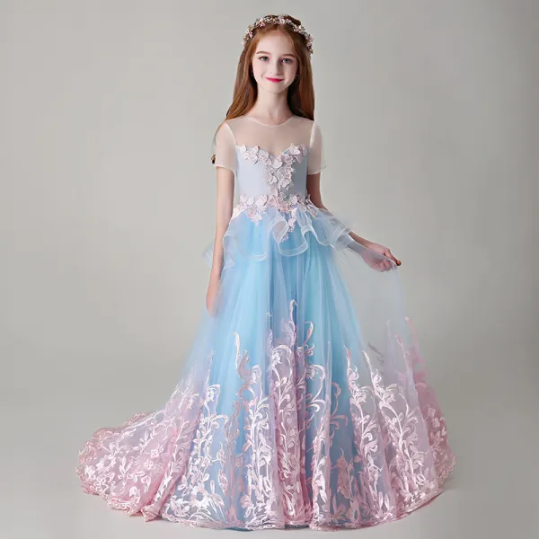 Best Pool Blue See-through Flower Girl Dresses 2019 A-Line / Princess Scoop Neck Short Sleeve Pearl Pink Appliques Lace Court Train Ruffle Backless Wedding Party Dresses