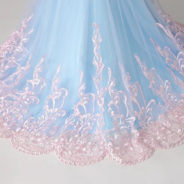 Meilleur Bleu Transparentes Robe Ceremonie Fille 2019 Princesse Encolure Dégagée Manches Courtes Perle Rose Appliques En Dentelle Tribunal Train Volants Dos Nu Robe Pour Mariage
