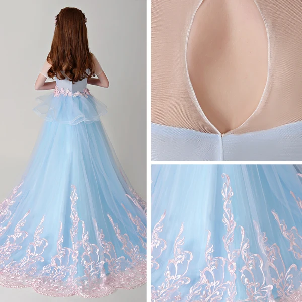 Meilleur Bleu Transparentes Robe Ceremonie Fille 2019 Princesse Encolure Dégagée Manches Courtes Perle Rose Appliques En Dentelle Tribunal Train Volants Dos Nu Robe Pour Mariage