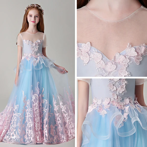 Meilleur Bleu Transparentes Robe Ceremonie Fille 2019 Princesse Encolure Dégagée Manches Courtes Perle Rose Appliques En Dentelle Tribunal Train Volants Dos Nu Robe Pour Mariage