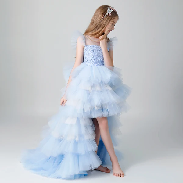 Chic / Beautiful Sky Blue See-through Flower Girl Dresses 2019 A-Line / Princess Scoop Neck Sleeveless Pearl Asymmetrical Cascading Ruffles Wedding Party Dresses