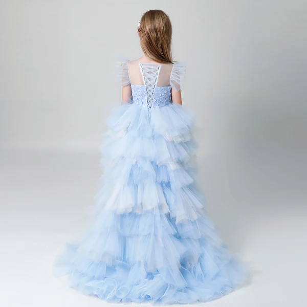Chic / Beautiful Sky Blue See-through Flower Girl Dresses 2019 A-Line / Princess Scoop Neck Sleeveless Pearl Asymmetrical Cascading Ruffles Wedding Party Dresses