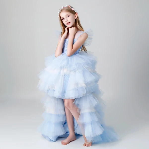 Chic / Beautiful Sky Blue See-through Flower Girl Dresses 2019 A-Line / Princess Scoop Neck Sleeveless Pearl Asymmetrical Cascading Ruffles Wedding Party Dresses