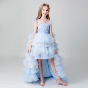 Hermoso Azul Cielo Transparentes Vestidos Para Niñas 2019 A Line Princess Scoop Escote Sin Mangas Perla Asimétrico Volantes En Cascada Vestidos Para Bodas