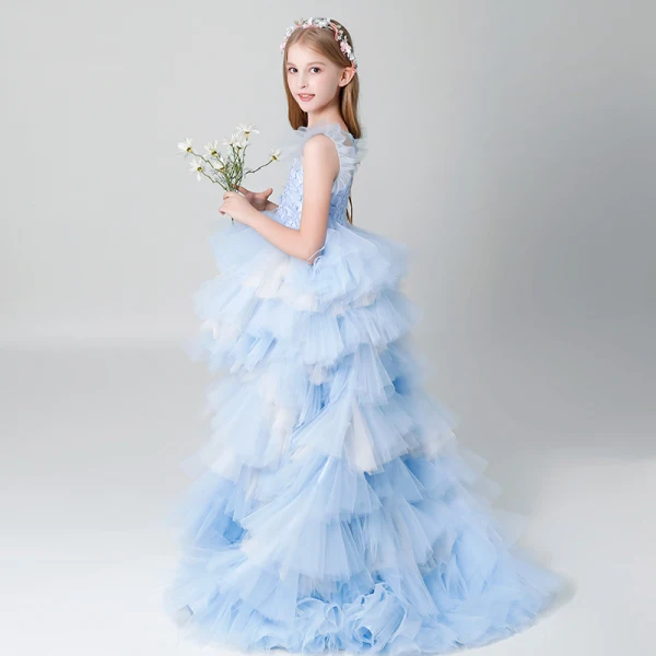 Chic / Beautiful Sky Blue See-through Flower Girl Dresses 2019 A-Line / Princess Scoop Neck Sleeveless Pearl Asymmetrical Cascading Ruffles Wedding Party Dresses