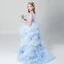 Chic / Beautiful Sky Blue See-through Flower Girl Dresses 2019 A-Line / Princess Scoop Neck Sleeveless Pearl Asymmetrical Cascading Ruffles Wedding Party Dresses