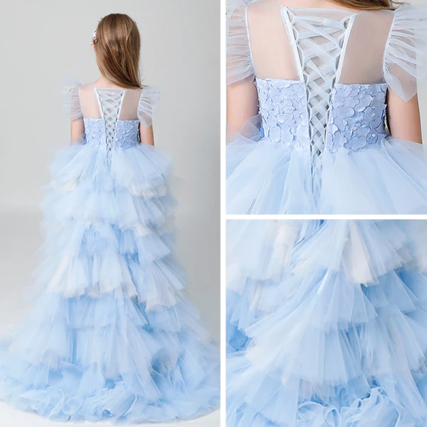 Chic / Beautiful Sky Blue See-through Flower Girl Dresses 2019 A-Line / Princess Scoop Neck Sleeveless Pearl Asymmetrical Cascading Ruffles Wedding Party Dresses