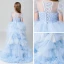 Chic / Beautiful Sky Blue See-through Flower Girl Dresses 2019 A-Line / Princess Scoop Neck Sleeveless Pearl Asymmetrical Cascading Ruffles Wedding Party Dresses