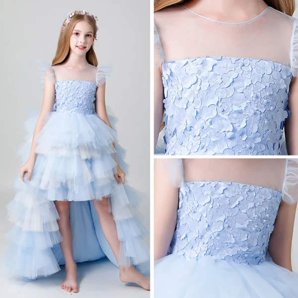 Chic / Beautiful Sky Blue See-through Flower Girl Dresses 2019 A-Line / Princess Scoop Neck Sleeveless Pearl Asymmetrical Cascading Ruffles Wedding Party Dresses