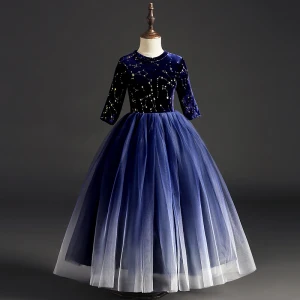 Ciel Étoilé Bleu Marine Daim Robe Ceremonie Fille 2019 Robe Boule Encolure Dégagée 1 2 Manches Glitter Paillettes Longue Volants Robe Pour Mariage