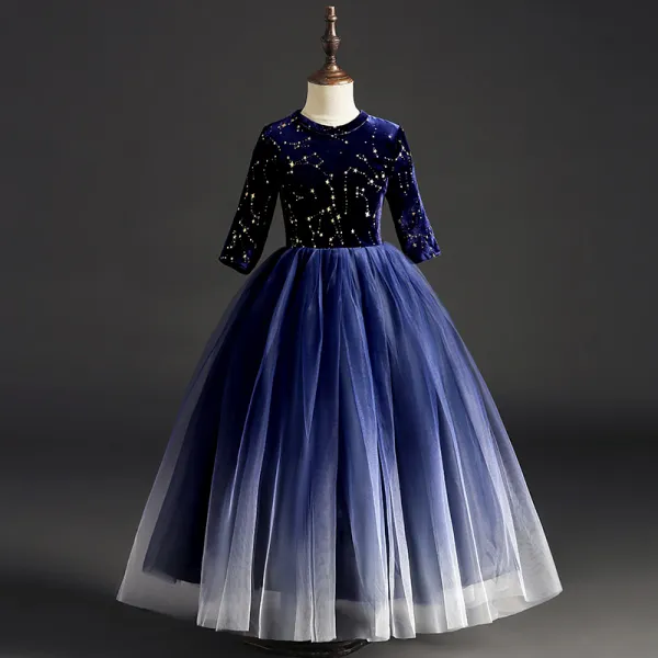 Starry Sky Navy Blue Suede Flower Girl Dresses 2019 Ball Gown Scoop Neck 1/2 Sleeves Glitter Sequins Floor-Length / Long Ruffle Wedding Party Dresses