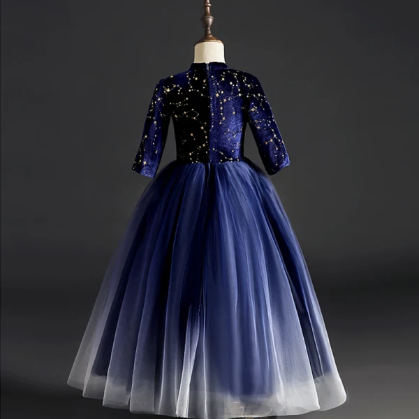 Ciel étoilé Bleu Marine Daim Robe Ceremonie Fille 2019 Robe Boule Encolure Dégagée 1/2 Manches Glitter Paillettes Longue Volants Robe Pour Mariage