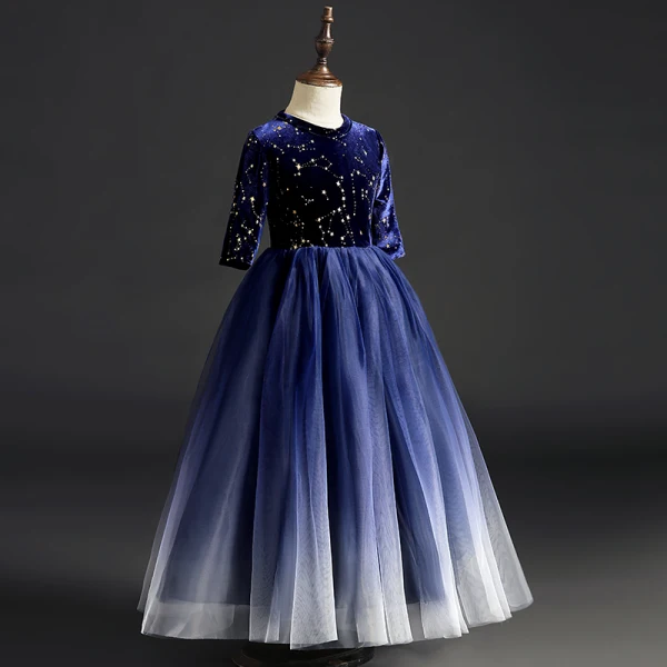 Ciel étoilé Bleu Marine Daim Robe Ceremonie Fille 2019 Robe Boule Encolure Dégagée 1/2 Manches Glitter Paillettes Longue Volants Robe Pour Mariage