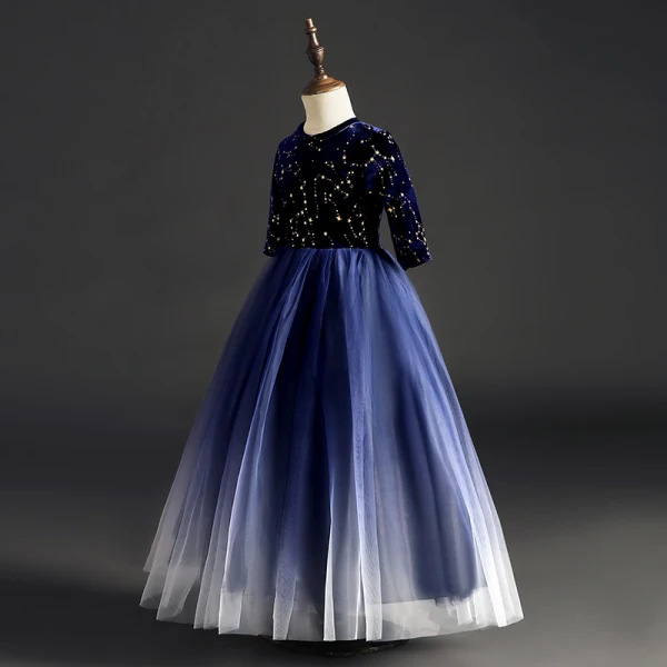 Ciel étoilé Bleu Marine Daim Robe Ceremonie Fille 2019 Robe Boule Encolure Dégagée 1/2 Manches Glitter Paillettes Longue Volants Robe Pour Mariage
