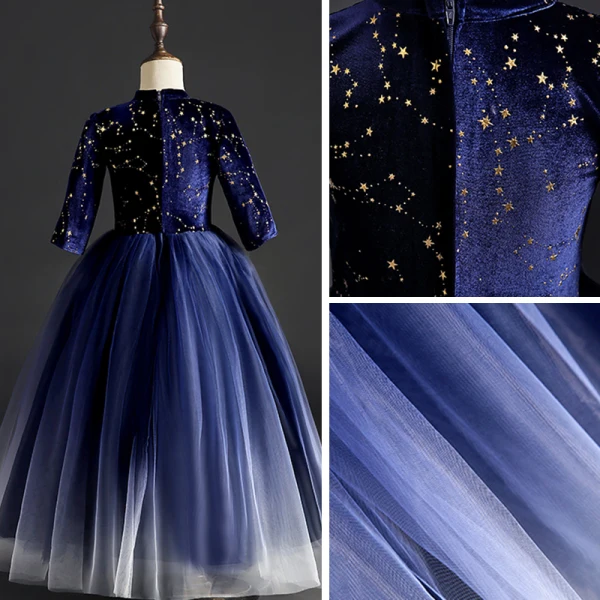 Ciel étoilé Bleu Marine Daim Robe Ceremonie Fille 2019 Robe Boule Encolure Dégagée 1/2 Manches Glitter Paillettes Longue Volants Robe Pour Mariage