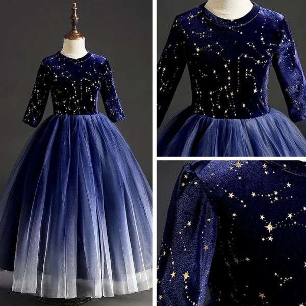 Ciel étoilé Bleu Marine Daim Robe Ceremonie Fille 2019 Robe Boule Encolure Dégagée 1/2 Manches Glitter Paillettes Longue Volants Robe Pour Mariage