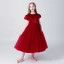 Chic / Beautiful Burgundy Suede Flower Girl Dresses 2019 A-Line / Princess Scoop Neck Puffy Short Sleeve Tea-length Ruffle Wedding Party Dresses