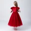 Chic / Beautiful Burgundy Suede Flower Girl Dresses 2019 A-Line / Princess Scoop Neck Puffy Short Sleeve Tea-length Ruffle Wedding Party Dresses