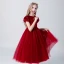 Chic / Beautiful Burgundy Suede Flower Girl Dresses 2019 A-Line / Princess Scoop Neck Puffy Short Sleeve Tea-length Ruffle Wedding Party Dresses