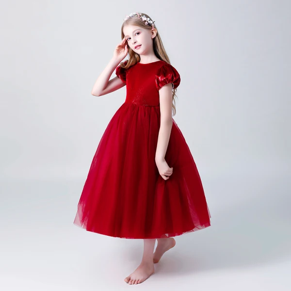 Chic / Beautiful Burgundy Suede Flower Girl Dresses 2019 A-Line / Princess Scoop Neck Puffy Short Sleeve Tea-length Ruffle Wedding Party Dresses