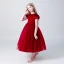 Chic / Beautiful Burgundy Suede Flower Girl Dresses 2019 A-Line / Princess Scoop Neck Puffy Short Sleeve Tea-length Ruffle Wedding Party Dresses