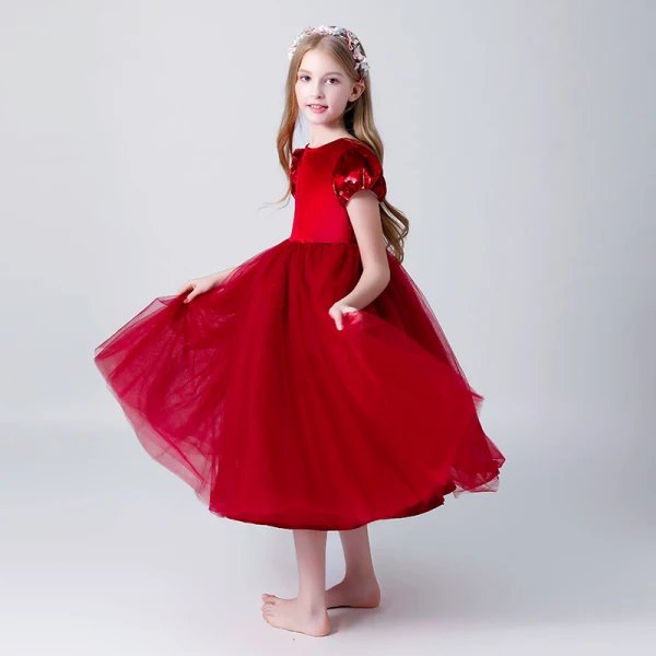 Chic / Beautiful Burgundy Suede Flower Girl Dresses 2019 A-Line / Princess Scoop Neck Puffy Short Sleeve Tea-length Ruffle Wedding Party Dresses