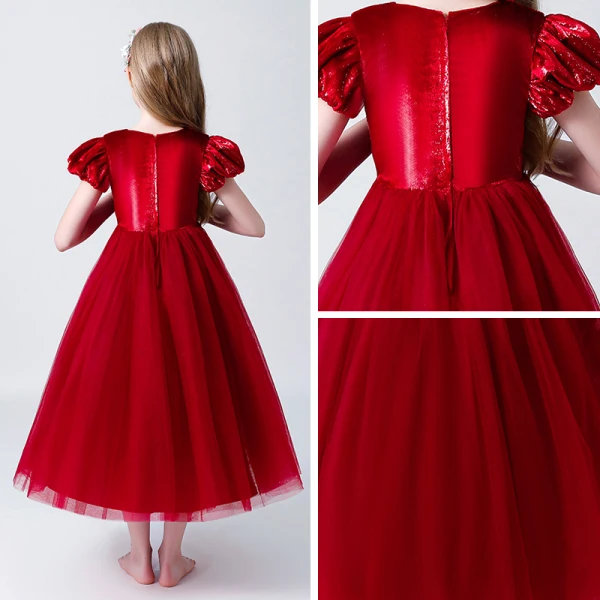 Chic / Beautiful Burgundy Suede Flower Girl Dresses 2019 A-Line / Princess Scoop Neck Puffy Short Sleeve Tea-length Ruffle Wedding Party Dresses