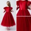 Chic / Beautiful Burgundy Suede Flower Girl Dresses 2019 A-Line / Princess Scoop Neck Puffy Short Sleeve Tea-length Ruffle Wedding Party Dresses