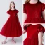 Chic / Beautiful Burgundy Suede Flower Girl Dresses 2019 A-Line / Princess Scoop Neck Puffy Short Sleeve Tea-length Ruffle Wedding Party Dresses