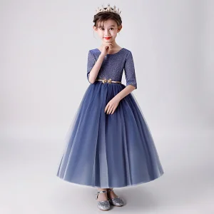 Chic Beautiful Navy Blue Flower Girl Dresses 2019 Ball Gown Scoop Neck 1 2 Sleeves Glitter Polyester Metal Sash Ankle Length Ruffle Wedding Party Dresses